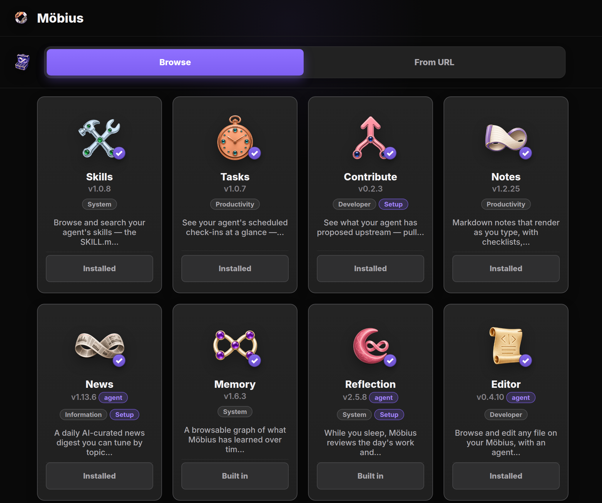 The Möbius App Store with community apps for building, memory, learning, and daily work