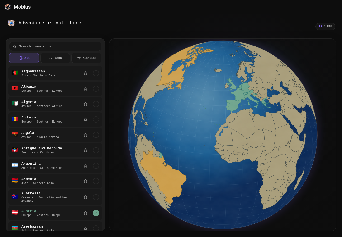 Atlas showing a country sidebar beside an interactive globe