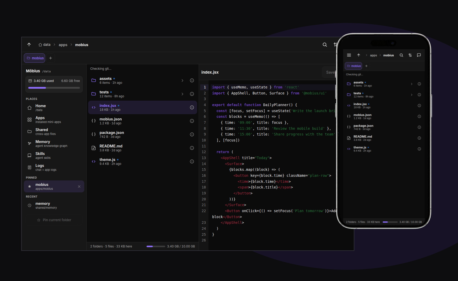 Editor showing source code on the web and the same project files on an iPhone