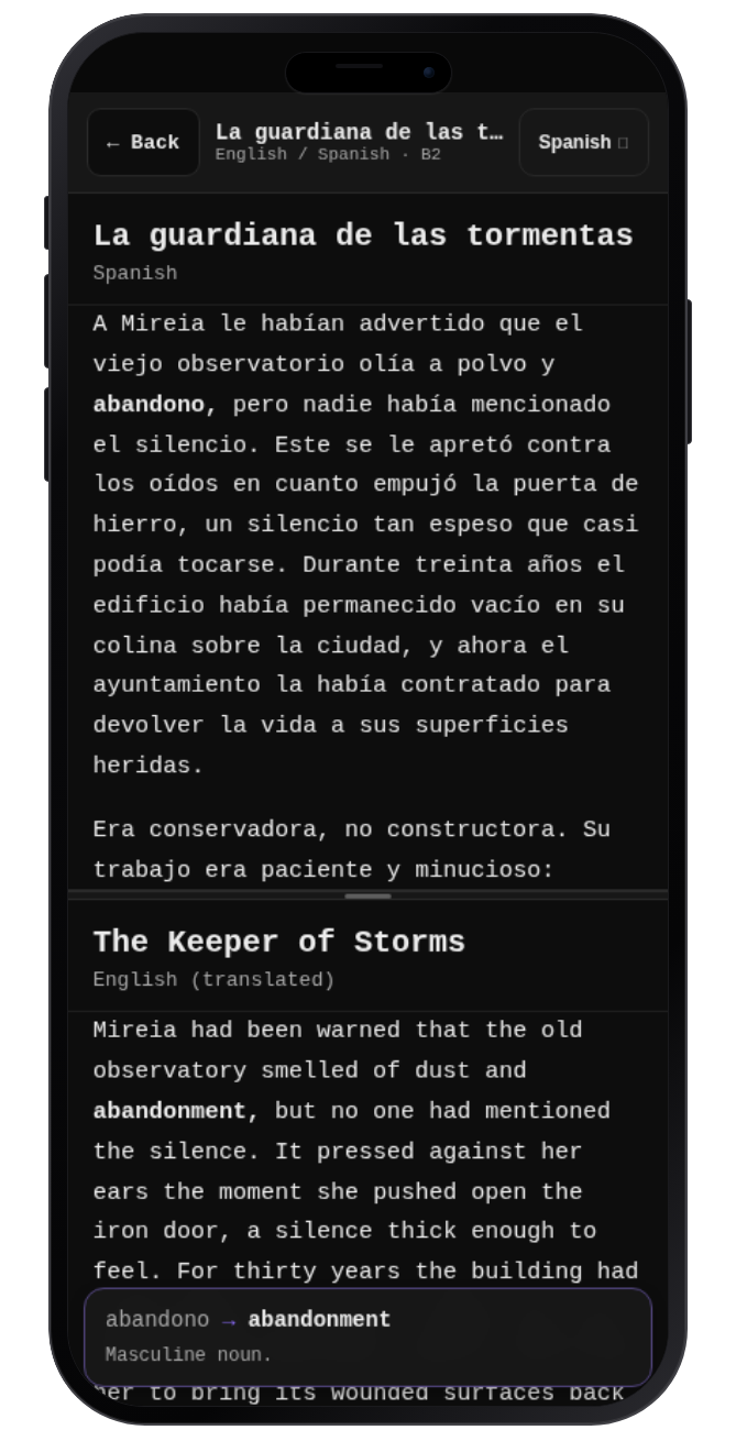 Tandem showing a bilingual story with the word abandonment selected and translated