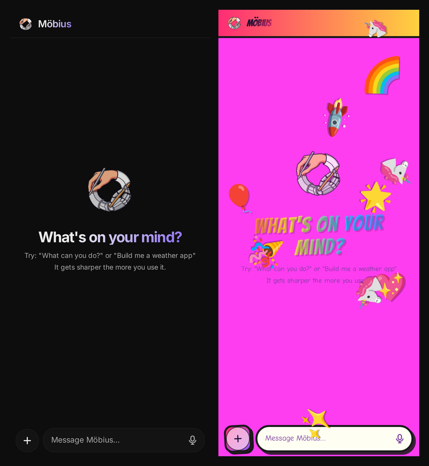 Möbius shown in its default theme and an expressive custom theme